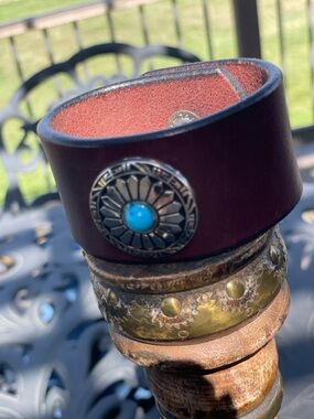 NEW Wide Brown Leather Cuff Bracelet with Turquoise Concho -handmade